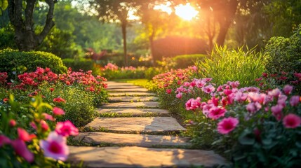 Fototapeta premium A Stunning Garden Pathway with Vibrant Flowers