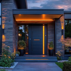 Modern front door with a sleek electronic smart lock and warm exterior lighting at night -