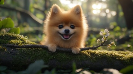Obraz premium Adorable Pomeranian Puppy in Spring Forest