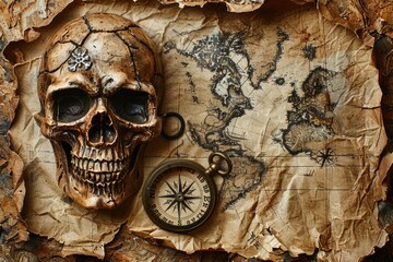 An aged skull rests on a tattered antique world map alongside a compass, hinting at a pirate's lost treasure.