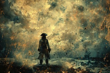 Naklejka premium A lone pirate captain silhouetted against a stormy sea, gazing at a distant ship, evokes mystery and adventure.