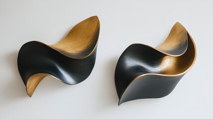 Obraz premium Abstract Black and Gold Sculptures Swirling Wave Forms on White Background