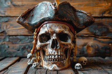 A weathered pirate skull, adorned with a tricorn hat and skull beads, rests on a rustic wooden surface.