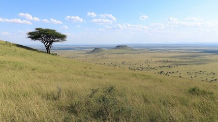 A lone tree on a hilltop in the middle of an expansive savannah grassland.