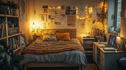 Cozy Bedroom with Warm Lighting and Simple Decor Elements