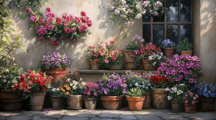 A lush garden scene featuring multiple flower pots filled with seasonal blooms in an inviting outdoor space.