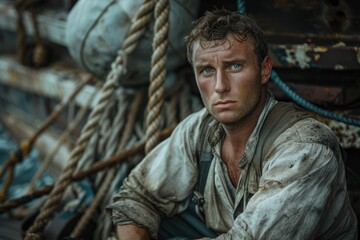 Fototapeta premium A weathered sailor, eyes full of hardship, sits amidst the aged ropes and worn wood of his ship.