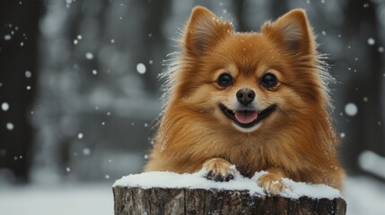 Obraz premium Adorable Pomeranian Puppy in Snowy Winter Wonderland