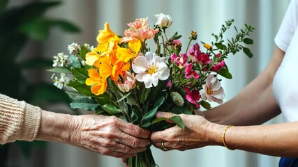 Elderly woman receives a colorful bouquet of flowers during a joyful moment in a bright room - Powered by Adobe