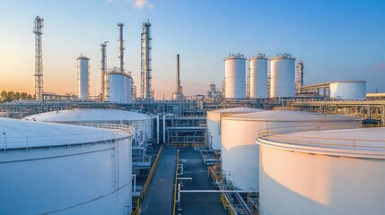 A modern oil storage facility with towering white tanks, connected by an intricate network of metal pipelines.