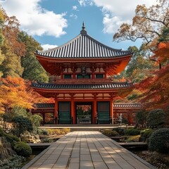 Obraz premium Traditional Japanese temple with the national flag flying gracefully in the foreground