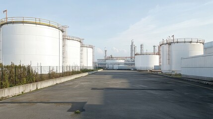Obraz premium A neatly maintained industrial site with white storage tanks and well-organized access pathways.