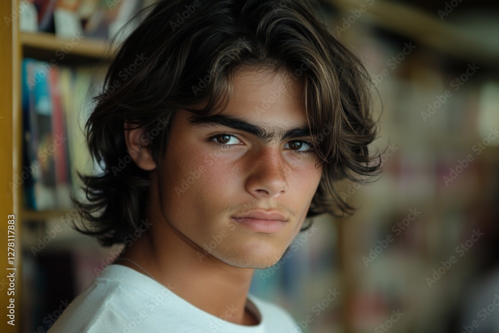Poster young man with wavy hair posing in a library with bookshelves in the background creating a calm atmo