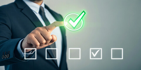 Businessman Hand Touching Glowing Correct Sign Mark for Confirmation