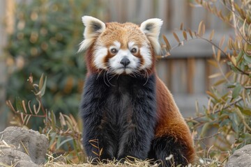 Fototapeta premium A red panda sits alertly, its vibrant fur contrasting with the muted background.