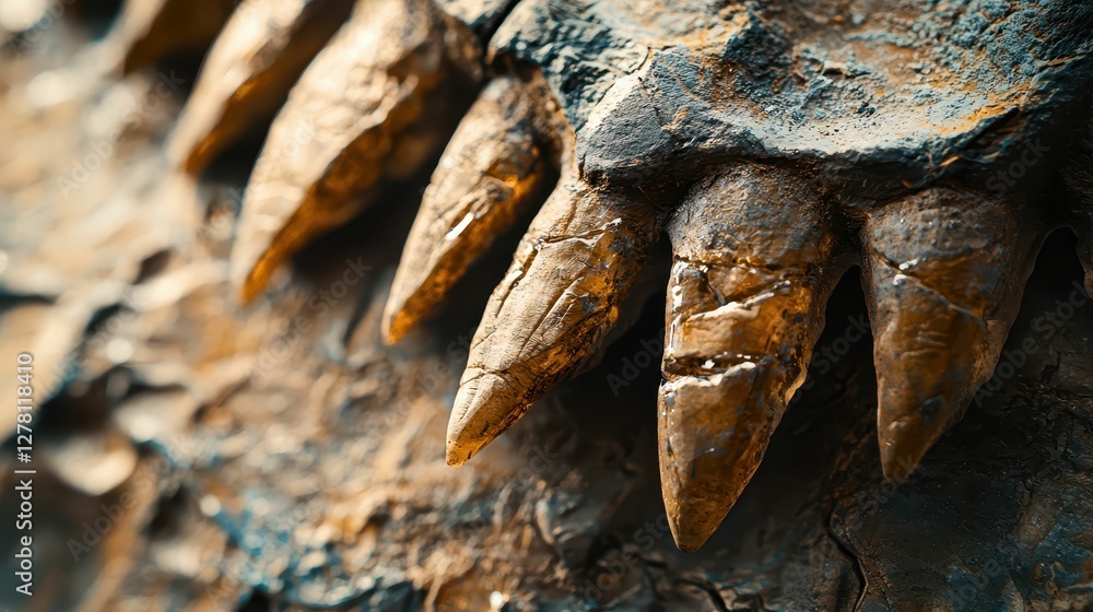 Aufkleber close-up view of textured fossilized dinosaur teeth and jaw artifacts