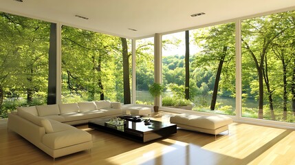 Modern Living Room With Expansive Forest View