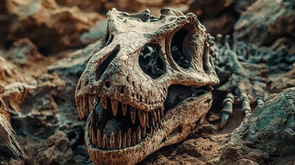 Fototapeta premium Realistic Tyrannosaurus Rex Skull Fossil on Rocky Ground Display
