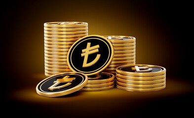 Stack Of Golden And Black Turkish Lira Coins Set On Shiny Golden Glow Background 3d Illustration