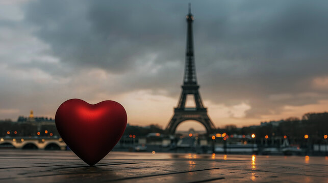 A red heart-shaped box sits in crisp focus, with the Eiffel Tower softly blurred in the background amid a romantic twilight sky.