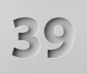 Sleek White Number 39 Thirty Nine With Subtle Shadow Embossed Into Grey Background 3D Illustration