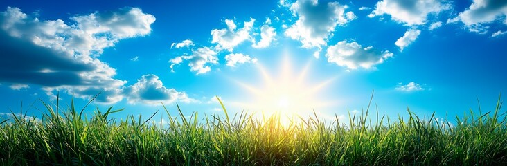 Vibrant green grass beneath a radiant blue sky