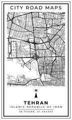 Black and white printable road map of Tehran city Islamic Republic of Iran banner poster design with coordinate position location, vector illustration