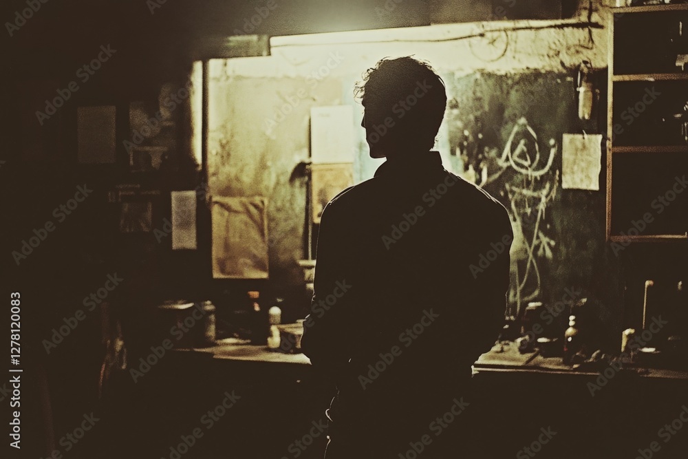 Poster man stands quietly in dimly lit workshop, reflecting on his work and surroundings while shadows danc