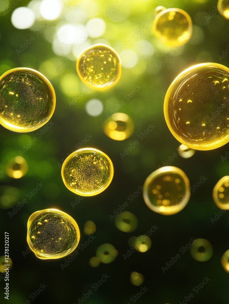 Poster golden liquid spheres floating in a green bokeh background with sunlight creating a serene and ether
