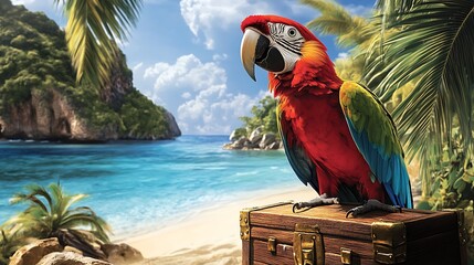 Parrot guarding a treasure chest on a deserted island