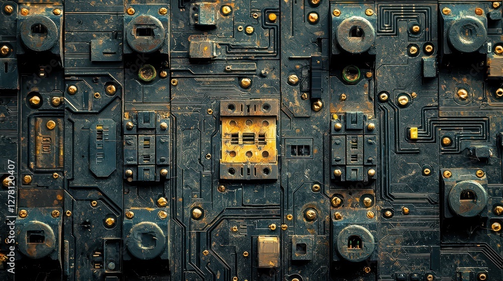 Poster abstract dark circuit board with intricate wiring and components