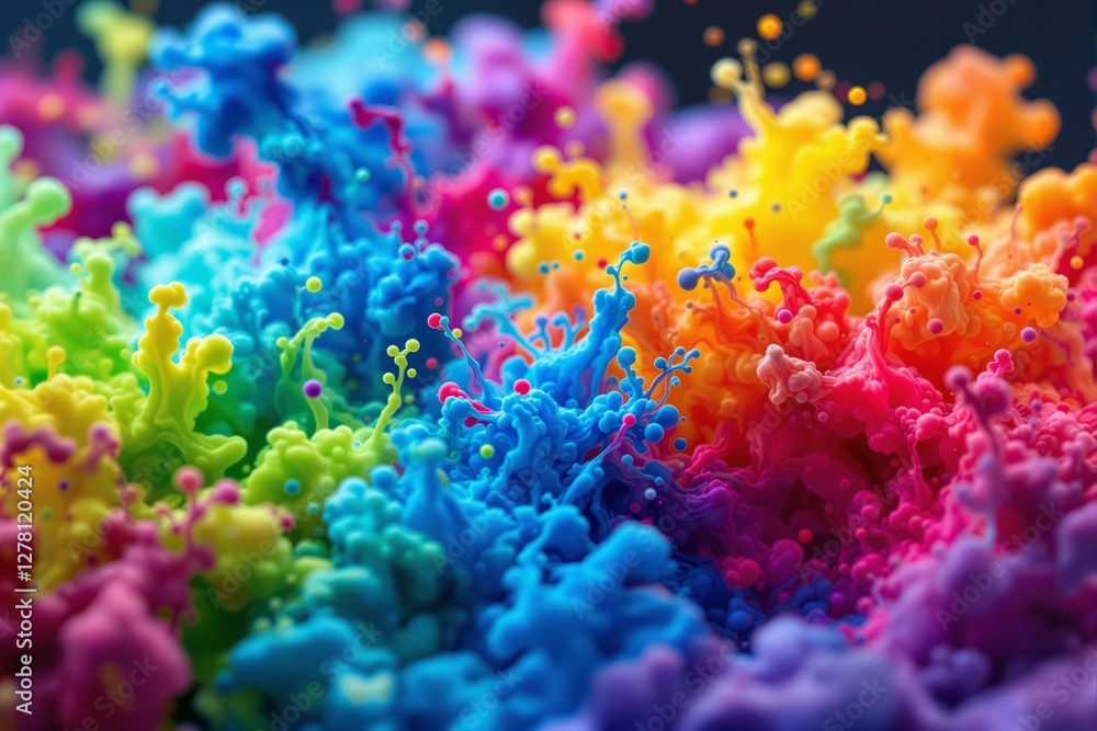 Poster Burst of vibrant multicolored paint splashes forming intricate abstract patterns on a dark backdrop.