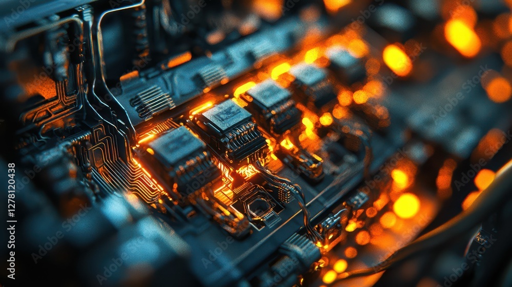 Aufkleber close-up view of circuit board with glowing components and wires
