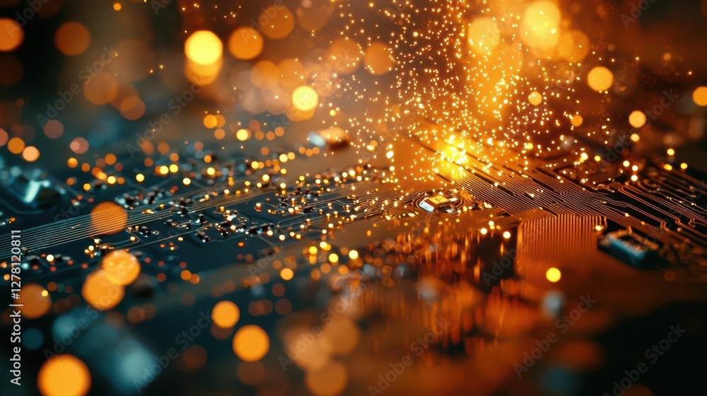 Poster abstract glowing circuit board with sparkle effects in dark background