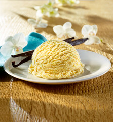 Vanille Eis Kugel mit Teller auf rustikalem Holzfond, Eiskugel, Eiscreme,  Dessert, 
