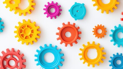 Colorful plastic gears scattered on a white background, showcasing creativity and playfulness