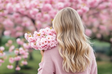 Fototapeta premium Woman with long blonde hair holding pink cherry blossoms.