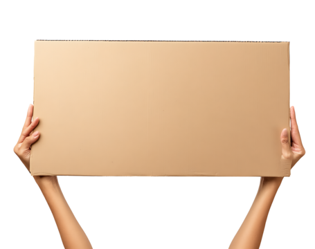 Close up of hands holding a cardboard sign isolated on white background.PNG