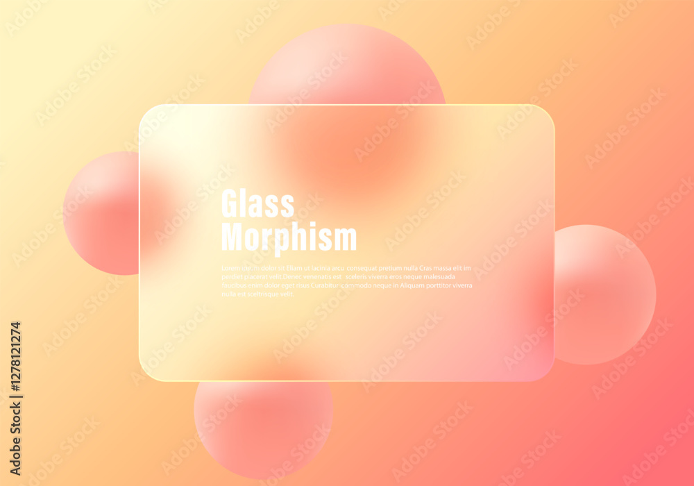 Poster gradient background, transparent glass partition and floating spheres. background in glass morphism 