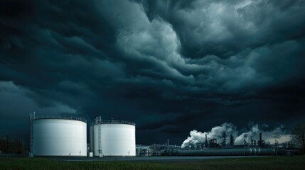 Obraz premium A single white storage tank under a dark stormy sky, highlighting the contrast between industrial infrastructure and nature.