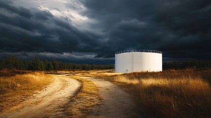 Obraz premium A single white storage tank under a dark stormy sky, highlighting the contrast between industrial infrastructure and nature.