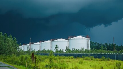 A single white storage tank under a dark stormy sky, highlighting the contrast between industrial infrastructure and nature.