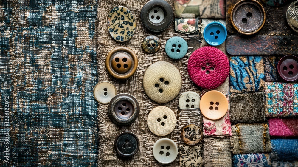Poster a collection of colorful buttons on textured fabric background