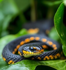 Obraz premium Tropische Schlange auf gr√ºnen Bl√§ttern. Nahaufnahme einer tropischen Schlange mit schwarzer und gelber Musterung, die auf √ºppigem gr√ºnen Laub ruht. Ein beeindruckendes Naturbild.