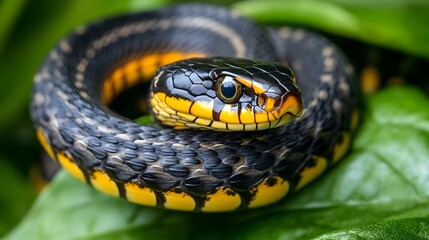 Obraz premium Tropische Schlange auf gr√ºnen Bl√§ttern. Nahaufnahme einer tropischen Schlange mit schwarzer und gelber Musterung, die auf √ºppigem gr√ºnen Laub ruht. Ein beeindruckendes Naturbild.