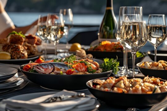 Private chef crafts exquisite seafood feast on luxury yacht deck during sunset. Generative AI