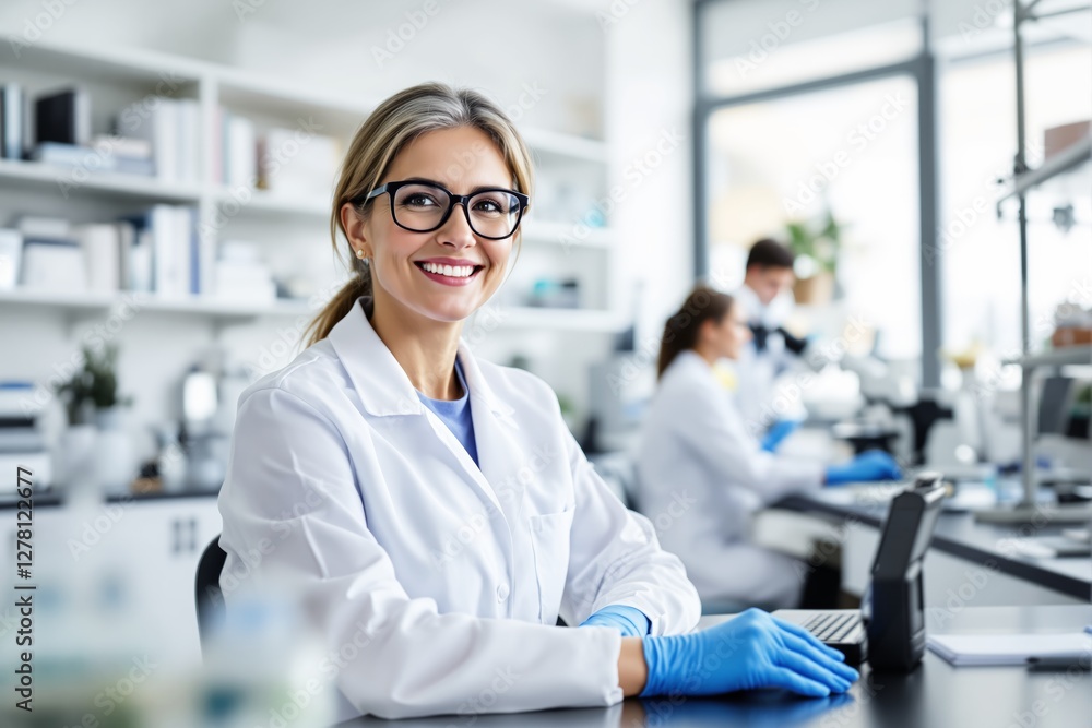 Poster Smiling female scientist wearing a lab coat and blue gloves in a laboratory setting with colleagues working in the background.