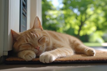 A cat is sleeping on a rug by a door. The cat is orange and has white paws