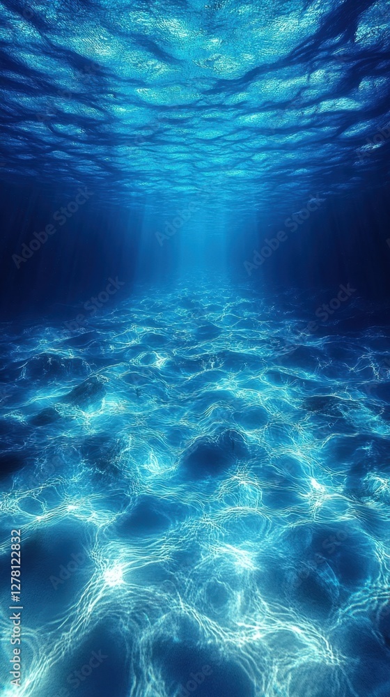 Poster ethereal underwater scene with sun rays filtering through the ocean water creating a serene and tran