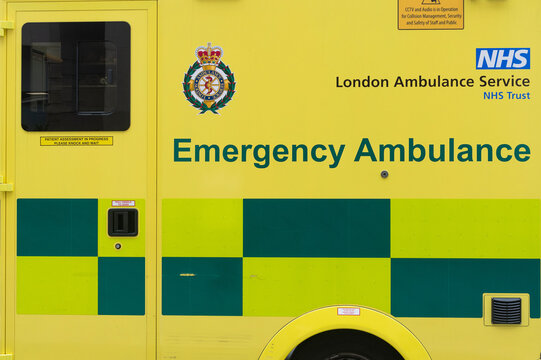 Detail of a London emergency ambulance operated by the National Health Service (NHS)